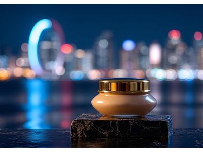 横浜の夜景を背景にした、高級感のあるコスメボトル